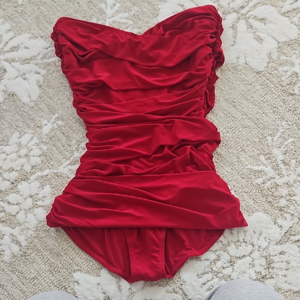Norma Kamali Strapless Red Ruched One-Piece Swimsuit